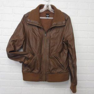 Simons Twik Cognac Faux Leather Ribbed Trim Full Zip Bomber Jacket Size Large